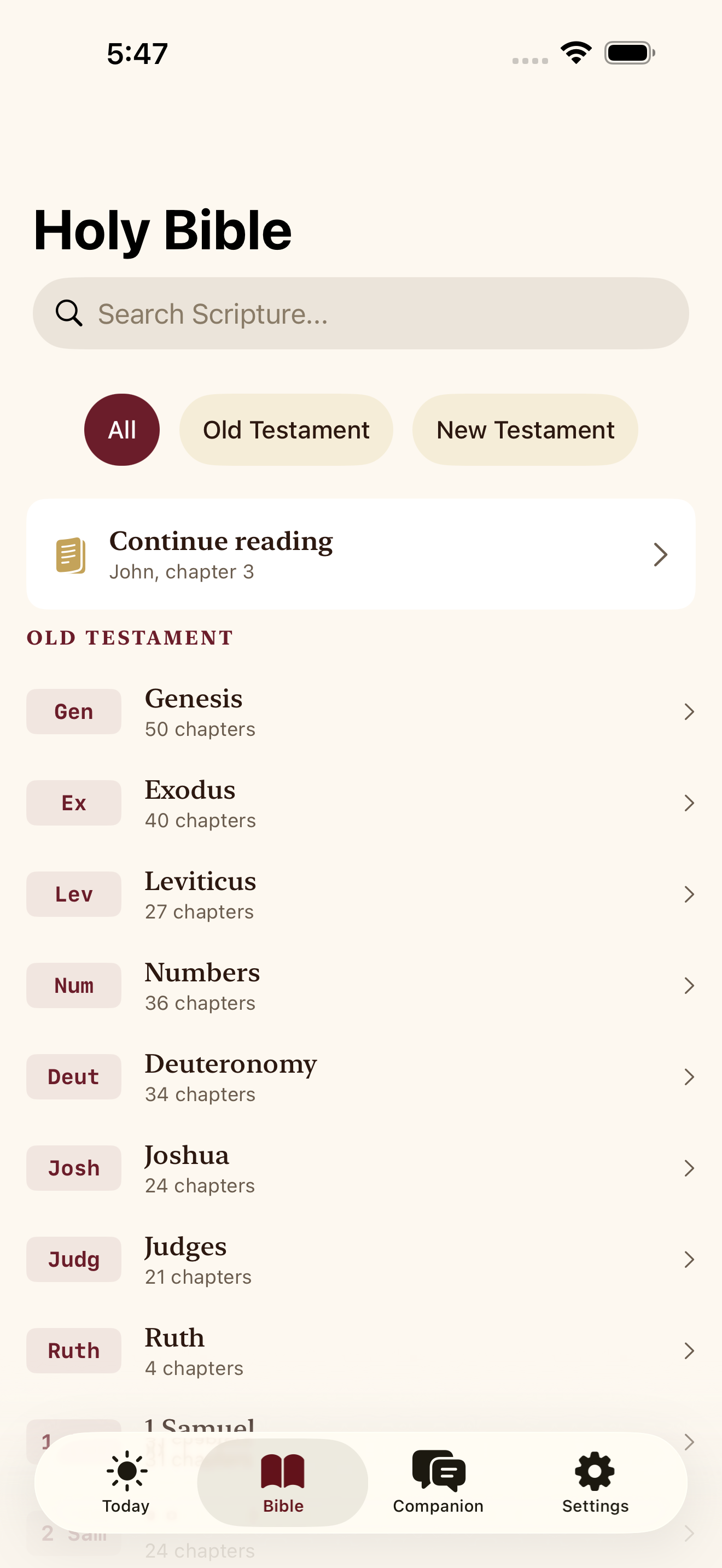 Vigil Bible library screen showing books of the Bible