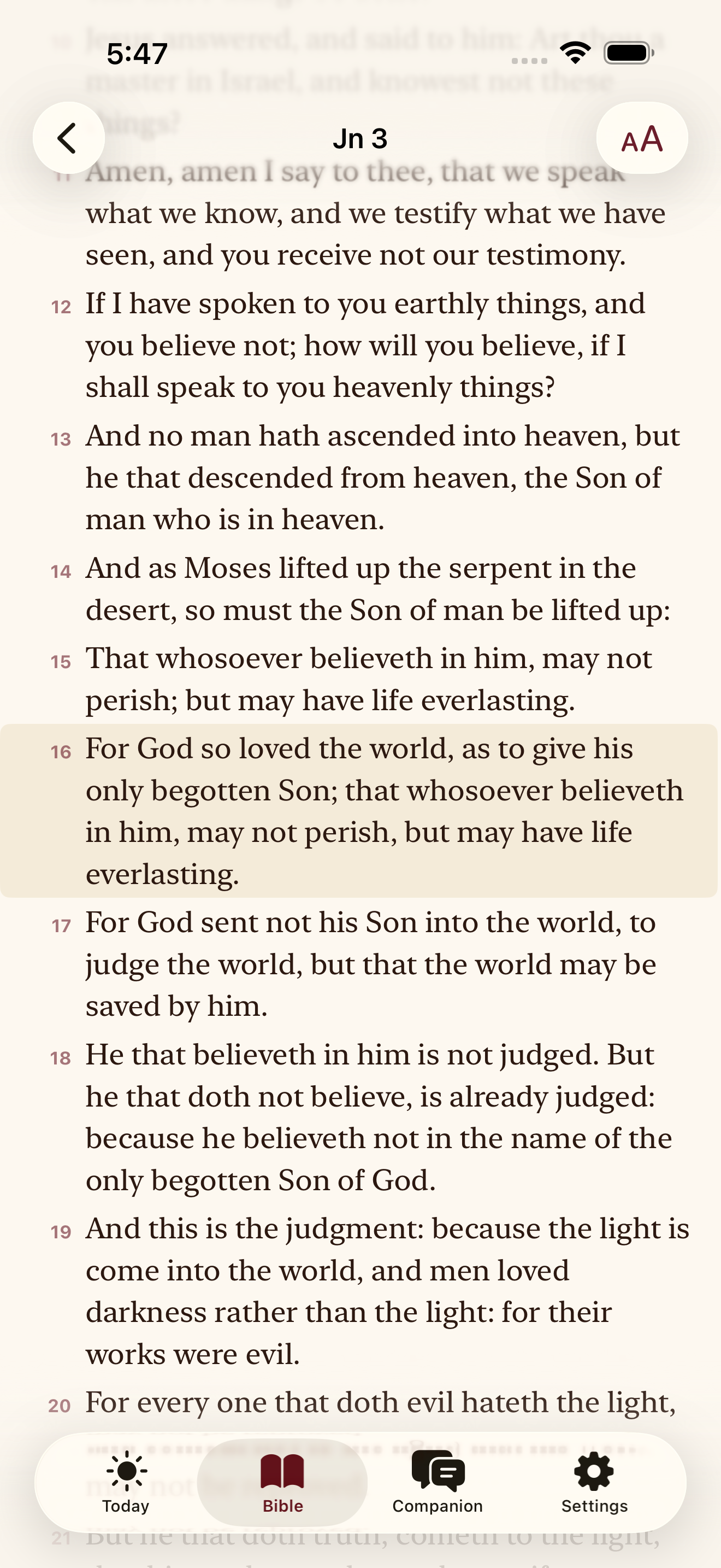 Vigil Bible reading screen showing a Douay-Rheims passage